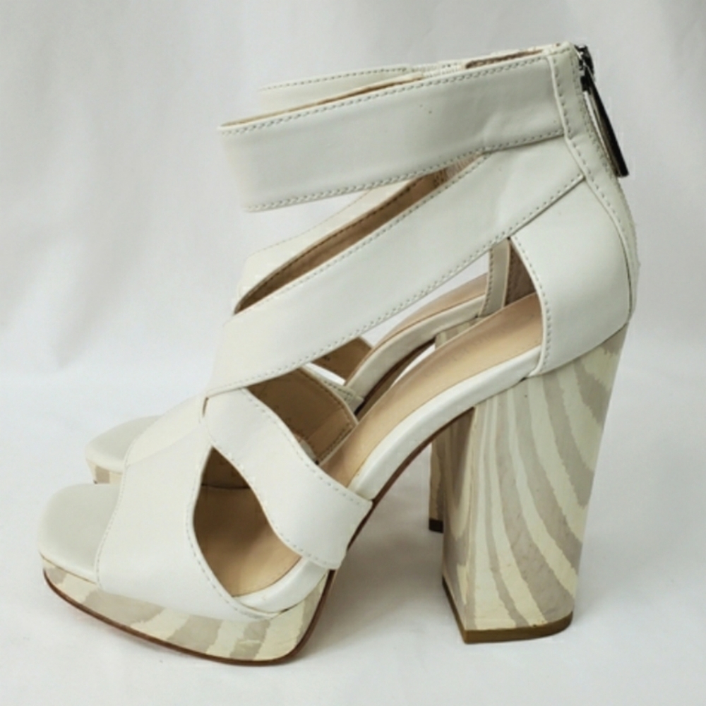 Calvin Klein Cream and Gray Strappy Open Toe Block Heels - VERENE